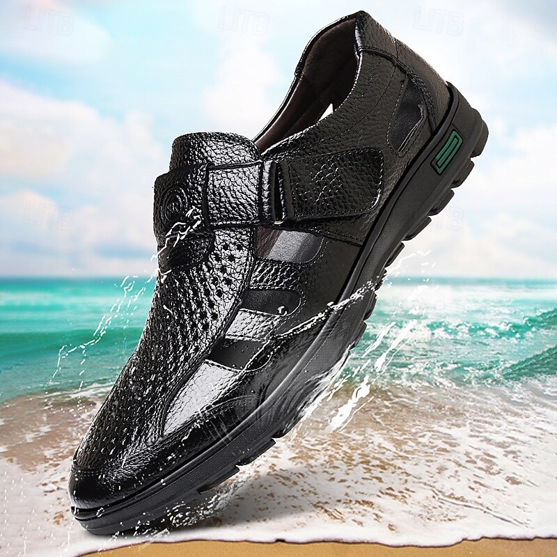 Men's Black Faux Leather Sandals – Breathable Cut-Out Design with Adjustable Strap, Comfortable Summer Shoes for Casual and Outdoor Wear4