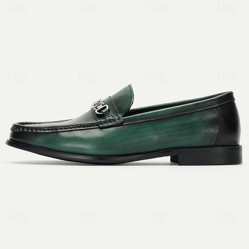 Men's Green Leather Loafers – Premium Cowhide with Metal Chain Accent, Breathable Design for Formal and Casual Wear4