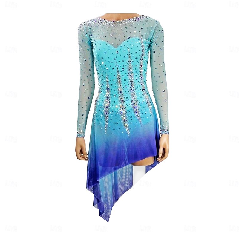 Figure Skating Dress Women's Girls' Ice Skating Dress Lake Blue Thumbhole Halo Dyeing High Elasticity Professional Competition Skating Wear Thermal Warm Crystal / Rhinestone Long Sleeve Ice Skating2