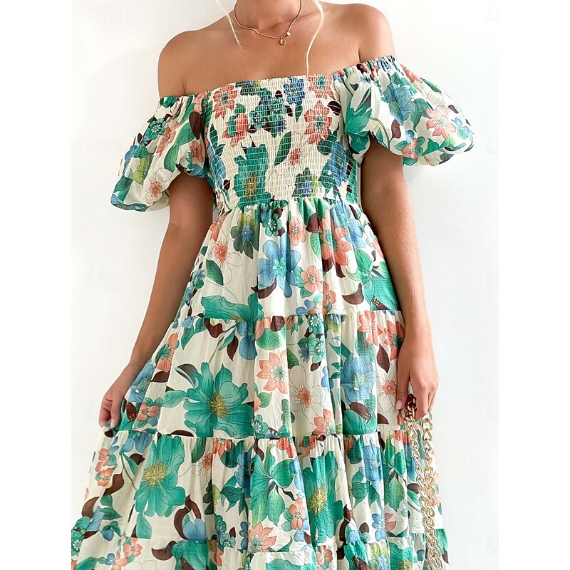 Women's Maxi Dress Casual Dress Swing Dress A Line Dress Stylish Casual Vacation Daily Regular Fit Floral Short Sleeve Off Shoulder Blue Green Summer3