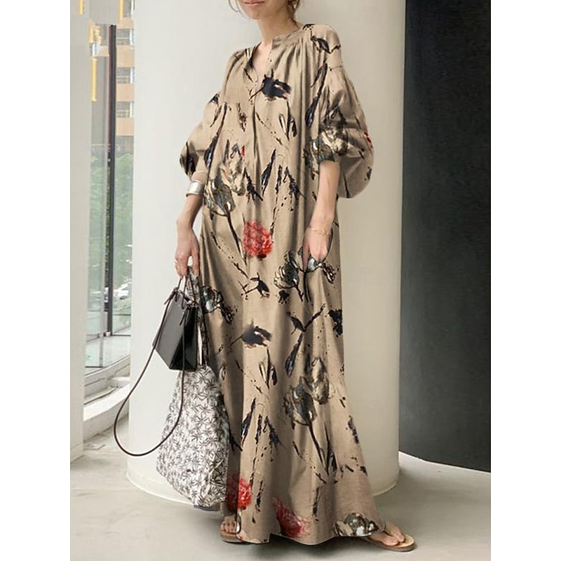 Women's Maxi Dress Linen-Inspired Dresses Swing Dress Elegant Vacation Daily Loose Fit Floral Long Sleeve V Neck Light Green Beige Spring Fall
