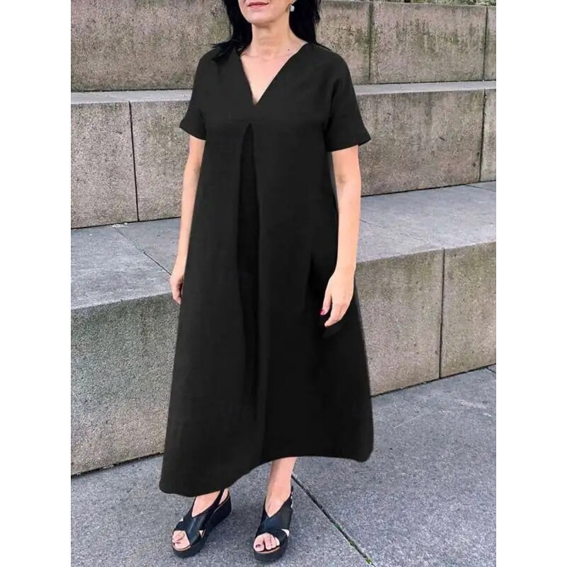 Women's Maxi Dress Cotton Linen Dresses Casual Dress Swing Dress Cotton Maxi Dress Basic Casual Vacation Daily Regular Fit Plain Short Sleeve V Neck Black Green Summer4