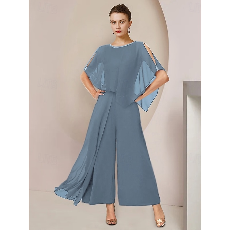 Jumpsuits Mother of the Bride  Formal Wedding Guest Elegant Party Scoop Neck Ankle Length Chiffon Sleeveless with Beading4