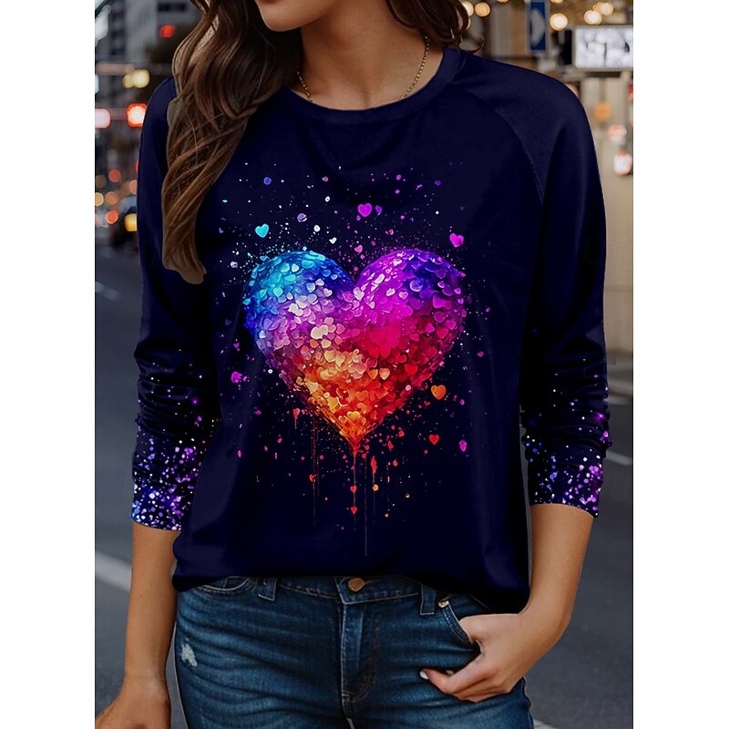 Valentine's Day Women's T Shirt Heart Casual Long Sleeve Crew Neck Long Tops Daily Print Black Spring Fall3