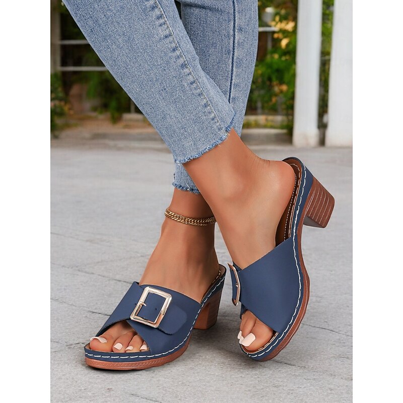 Women's Blue Open-Toe Mule Sandals with Block Heels and Gold Buckle – Stylish Summer Shoes for Casual Occasions