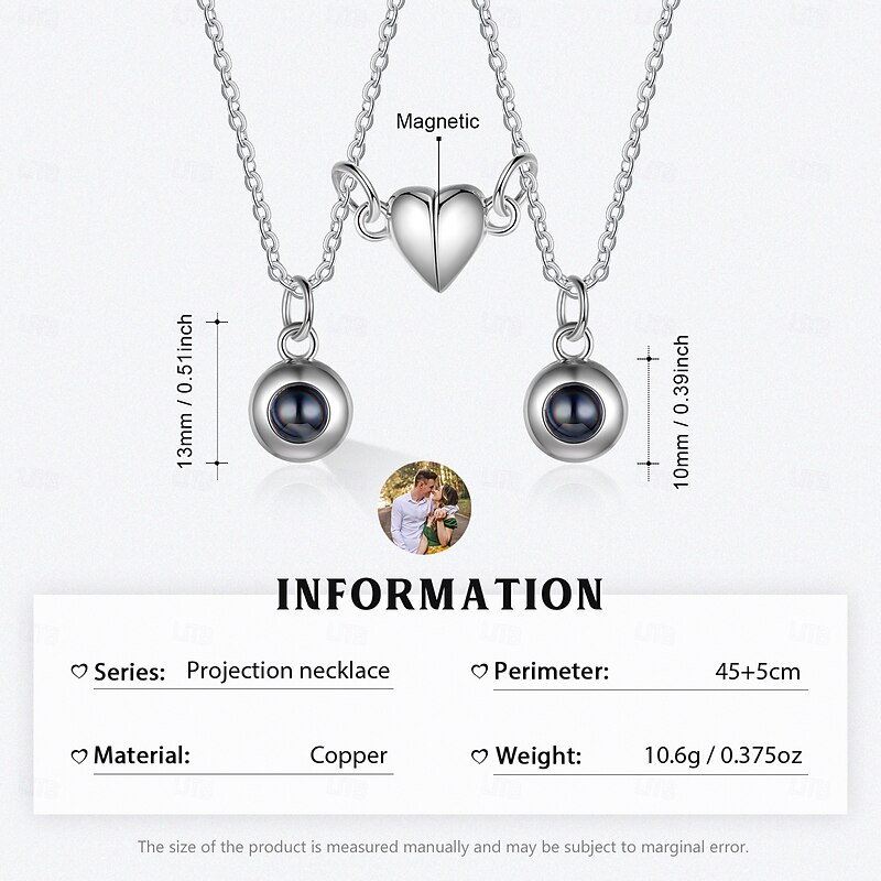 1 Pair Personalized Photo Projection Necklace Set Custom Jewelry Wedding Gift Pendants with Photos, Ideal Romantic Gift for Lovers, Perfect for Wedding3