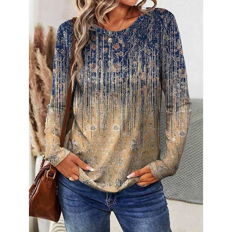 Women's T shirt Long Sleeve Crew Neck Long Sleeve Tunic Ombre Graphic Casual Regular Tops Daily Print Khaki Spring Fall Prefall