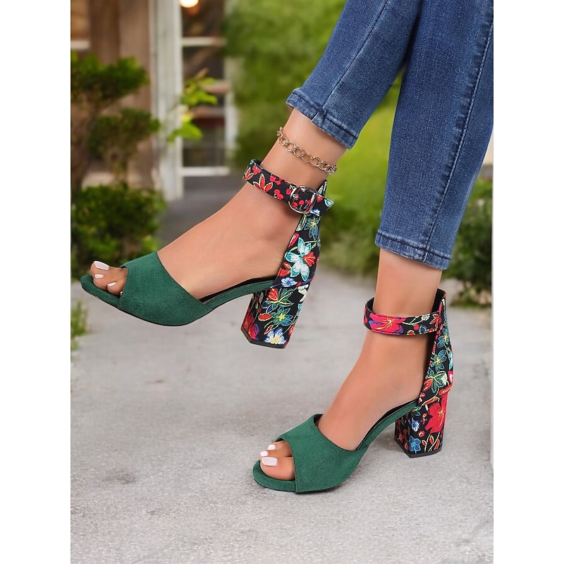 Women's Green Open-Toe Sandals with Floral Block Heels and Adjustable Ankle Straps - Elegant Summer Shoes for Weddings and Casual Occasions