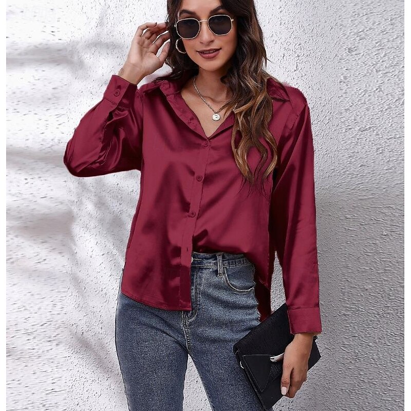 Women's Shirt Elegant Dressy Satin Solid Color Business Modern Casual Long Sleeve Shirt Collar Regular Tops Work Formal Wear Buttons Yellow Pink Wine Blue Green Summer Spring2