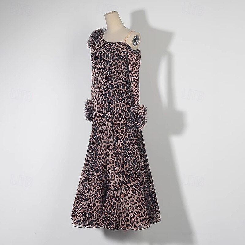 Ballroom Dance Dress Printing Pure Color Splicing Women's Performance Party Long Sleeve Chiffon Mesh Ice Silk4