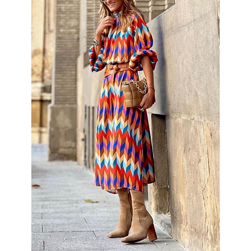 Women's Midi Dress Casual Dress A Line Dress Stylish Casual Vacation Daily Regular Fit Geometric Long Sleeve Stand Collar Rainbow Summer2