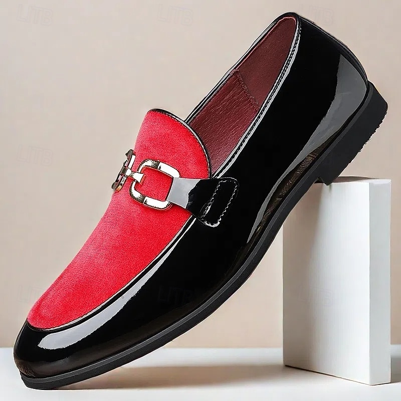 Men's Luxury Red Velvet and Black Patent Leather Loafers – Stylish Slip-On Dress Shoes with Metal Buckle for Weddings and Formal Events