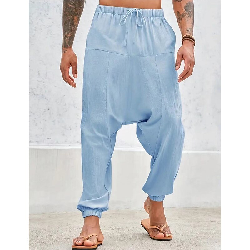Men's Linen Pants Trousers Summer Pants Baggy Pants Harem Pants Drawstring Elastic Waist Plain Comfort Breathable Full Length Yoga Daily Holiday Fashion Classic Style White Navy Blue