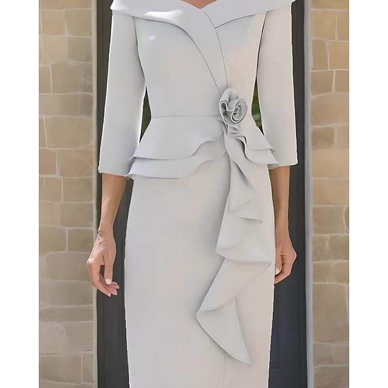 Dress Sets Mother of the Bride Dress Formal Wedding Guest Elegant Vintage Simple V Neck Tea Length Stretch Fabric 3/4 Length Sleeve with Cascading Ruffles Flower Race Day Dress2