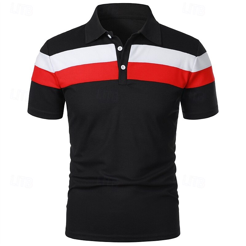 Men's Color Block Rugby Polo Shirts Short Sleeve Polo Shirts Lapel 3D Print Modern Comfortable Work Casual Sports Holiday Patchwork Buttons Summer Spring Black Yellow Navy Blue4