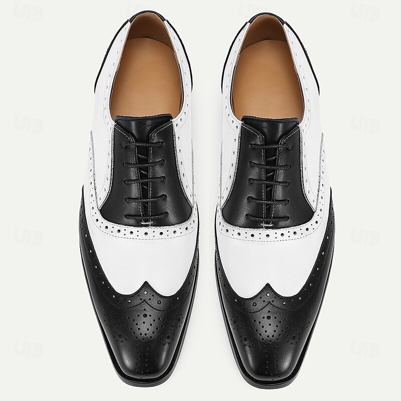 Men's Black and White Wingtip Oxford Shoes – Premium Cowhide Leather, Brogue Detailing, Classic Formal Style, Perfect for Weddings and Business Attire4
