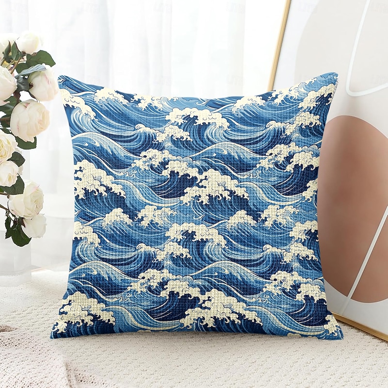 Summer Vibe Decorative Toss Pillows Cover 1PC Hawaiian Aloha Soft Square Cushion Case Pillowcase for Bedroom Livingroom Sofa Couch Chair Ocean Kanagawa Wave