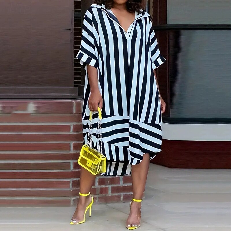 Women's Long Dress Maxi Dress Shirt Dress Casual Dress Summer Dress Stylish Casual Vacation Daily Date Regular Fit Stripe Half Sleeve Lapel Black Red Blue Summer Spring2