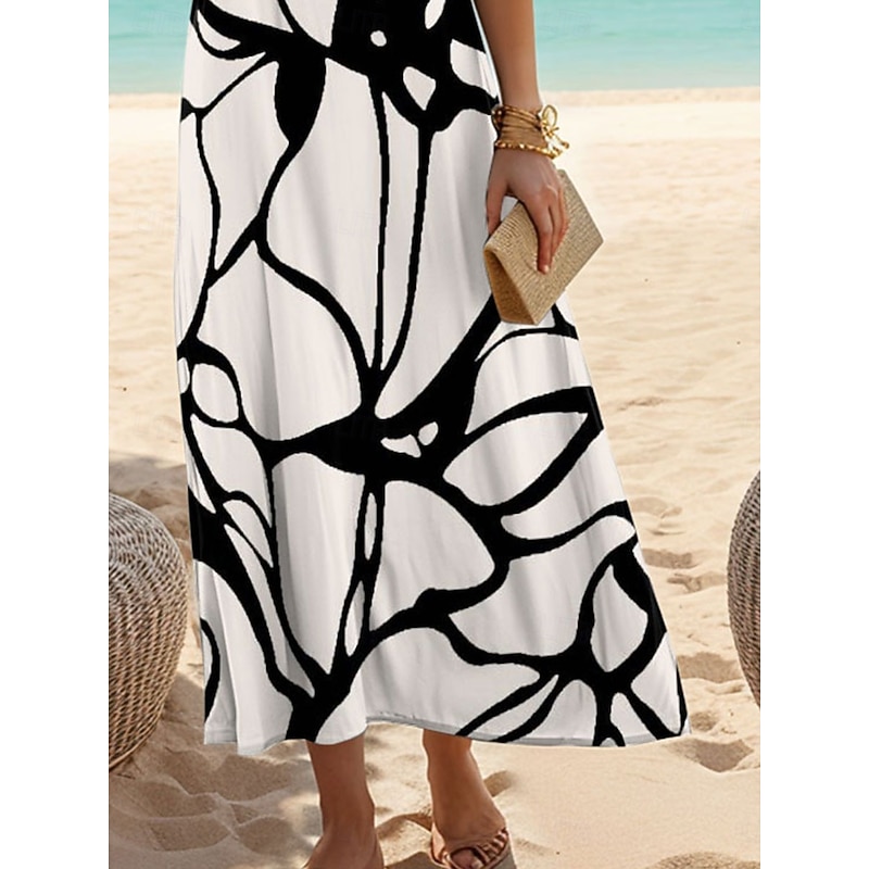 Women's Maxi Dress Casual Dress Casual Daily Loose Fit Floral Color Block Short Sleeve Crew Neck Black Summer3