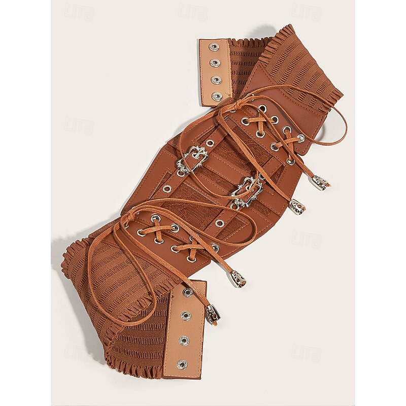 Brown Faux Leather Corset Belt for Women – Adjustable Lace-Up Waist Cincher with Vintage Buckle Design, Perfect for Dresses and Casual Outfits3