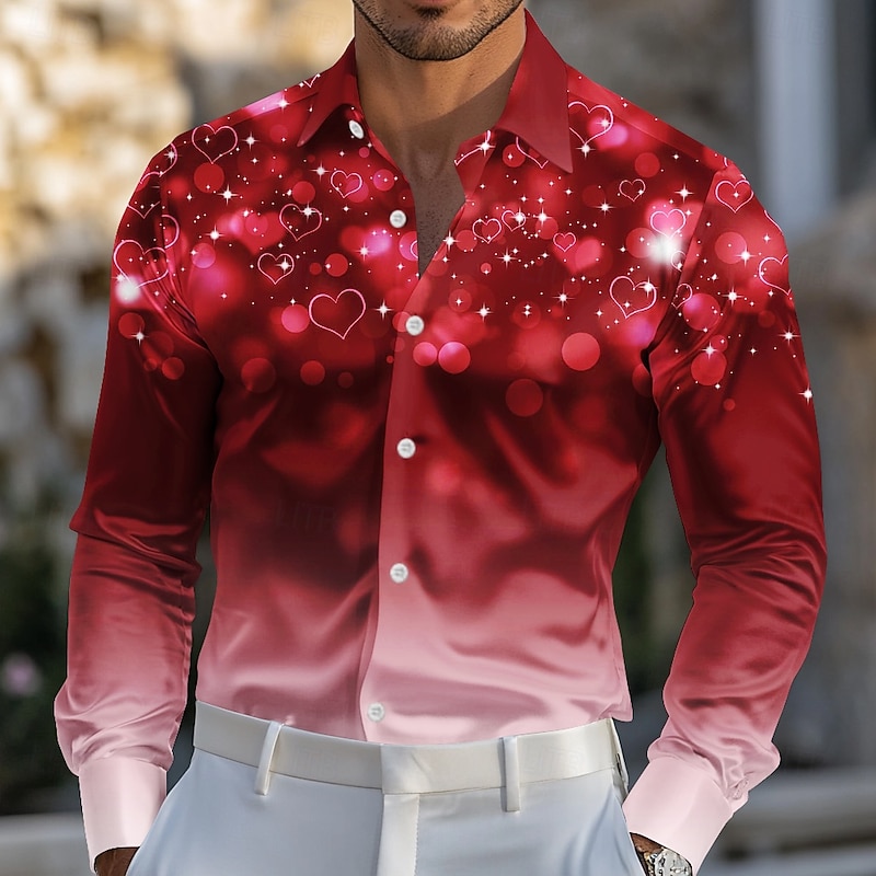 Valentine's Day Men's Heart LOVE Glitter Shine Satin Shirt Dress Shirt Button Up Shirt Long Sleeve Fashion Casual Wedding Evening Party Holiday Summer Spring Turndown Collared Shirts 3D Print Red