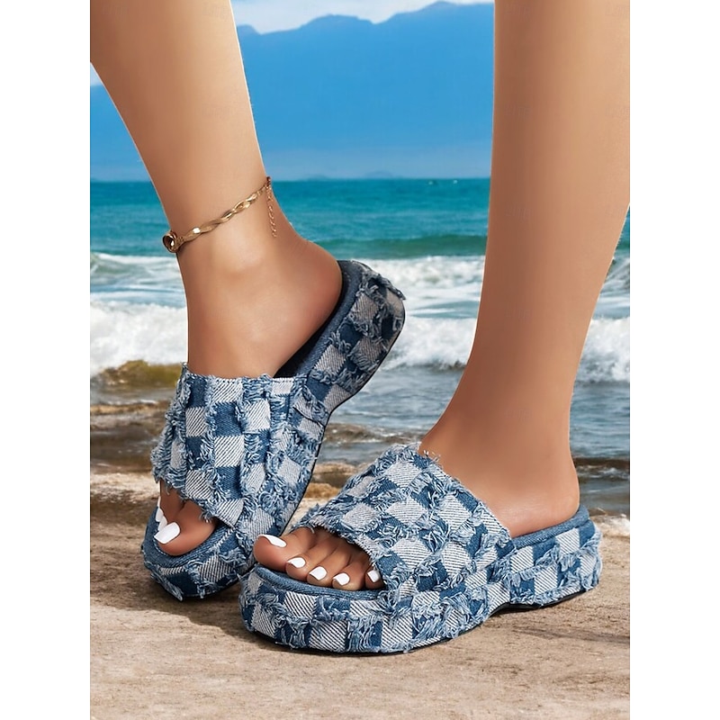 Women's Denim Blue Plaid Platform Slide Sandals with Frayed Detailing - Casual Summer Shoes for Beach and Everyday Wear