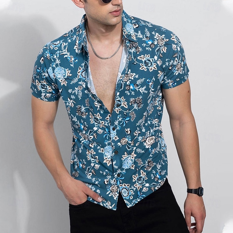 Men's Floral Flowers Summer Hawaiian Shirt Aloha Shirt Short Sleeve Hawaiian Resort Vacation Holiday Beach Wear Summer Spring Turndown Button Up Blue