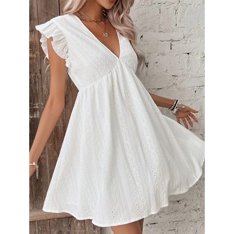 Women's Mini Dress Cotton Linen Dresses Basic Casual Vacation Daily Regular Fit Plain Sleeveless V Neck White Summer