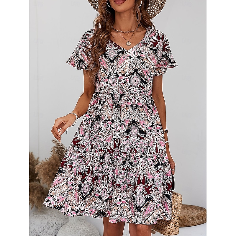 Women's Long Dress Maxi Dress Vintage Dress Casual Dress Swing Dress Boho Dress Stylish Casual Vacation Daily Form Fit Floral Short Sleeve V Neck Pink Apricot Summer Spring3