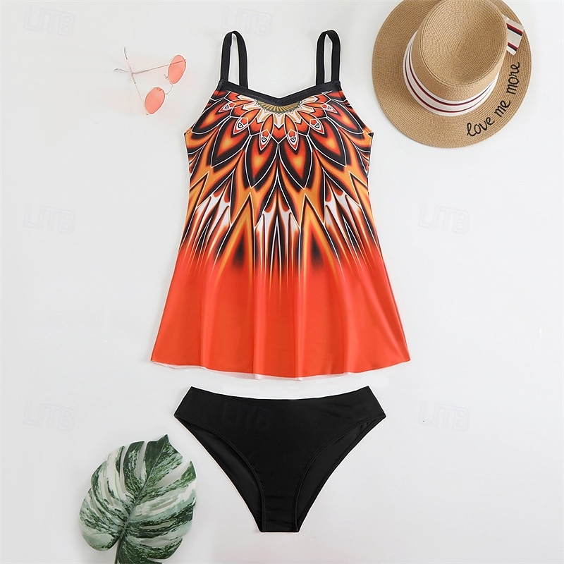 Women's Tankini Two Piece Swimsuit V Neck Racerback Swimwear Swimwear Orange Green Breathable Quick Dry Lightweight Sleeveless - Swimming Surfing Beach Summer Spring Plus Size2
