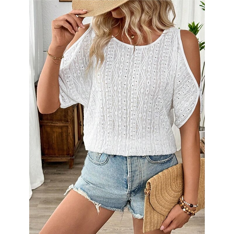Women's White Elegant Lace Tops Eyelet Blouse Stylish Casual Solid Color Regular Tops Half Sleeve Crew Neck Loose Fit Daily Romantic Petite Tops Summer Holiday Wear Going out White Blue Spring Fall3