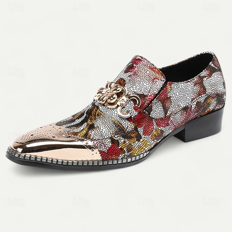 Men's Floral Print Leather Loafers – Premium Cowhide Slip-On Dress Shoes with Metal Chain and Shiny Toe Cap for Parties and Formal Occasions3