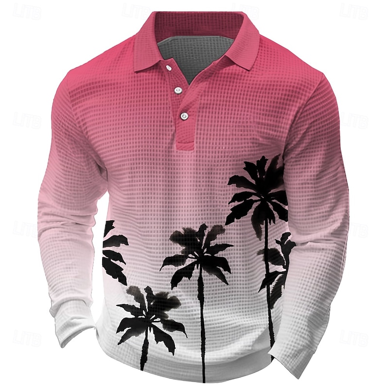 Kentucky Derby Men's Tropical Flowers Waffle Polo Shirts Long Sleeve Polo Shirts Collared Shirts Casual Resort Hawaiian Buttons Red Blue Orange4