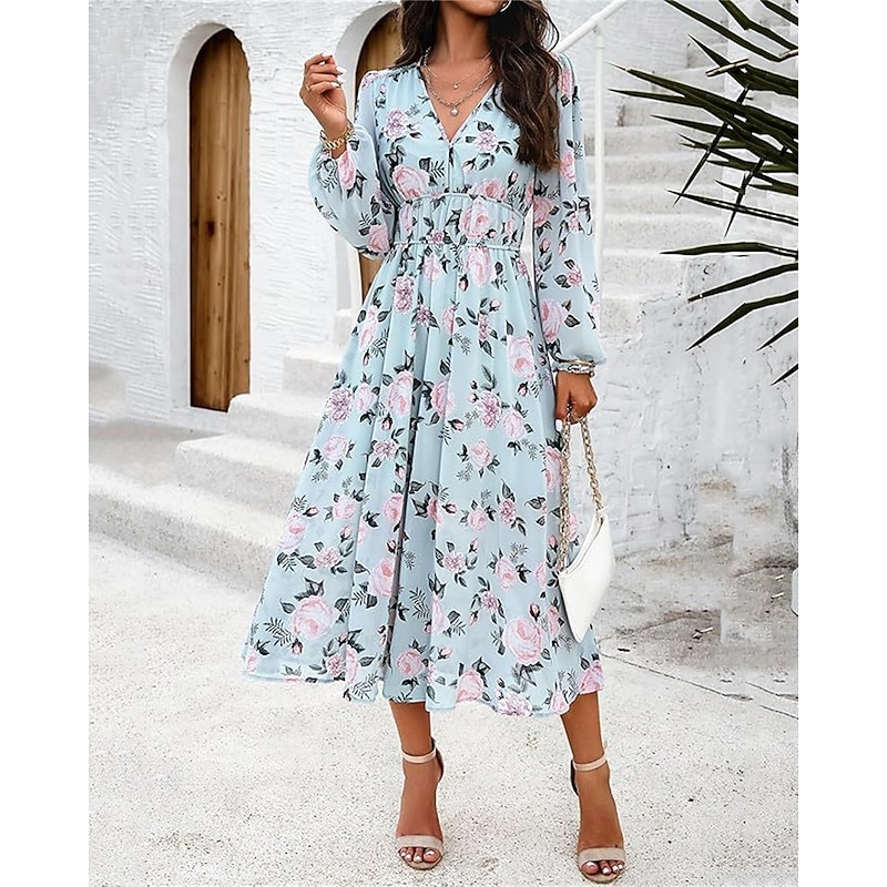 Women's Long Dress Maxi Dress Casual Dress A Line Dress Floral Dress Summer Dress Elegant Stylish Vacation Daily Date Regular Fit Floral Long Sleeve V Neck Pink Light Blue Summer3