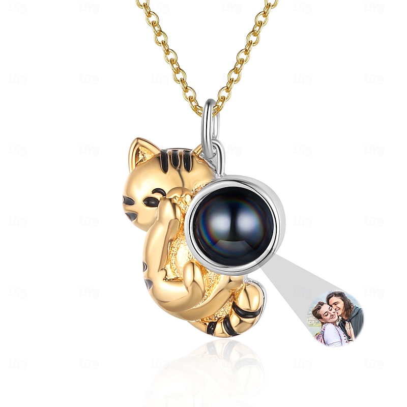 Personalized Photo Projection Necklace Custom Best Gift for Mom Wedding Gift for Lovers Copper Chain with Cat Pendant