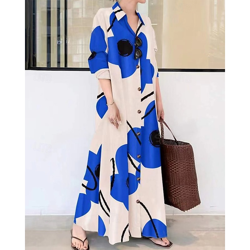 Women's Long Dress Maxi Dress Shirt Dress Casual Dress Summer Dress Stylish Casual Vacation Daily Date Regular Fit Floral Graphic Long Sleeve Lapel Black And White Black Blue Orange Summer Spring2