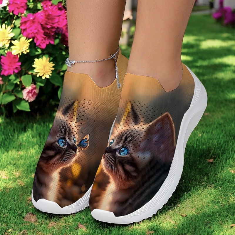 Women's Cat and Butterfly Print Flyknit Sneakers - Breathable Lightweight Casual Shoes for Everyday and Outdoor Activities2