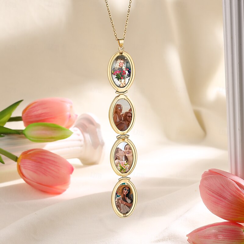 Personalized Photo Necklace Custom Best Gift for Mom Wedding Gift for Lover Stainless Steel Gold Locket with 4 Photos4