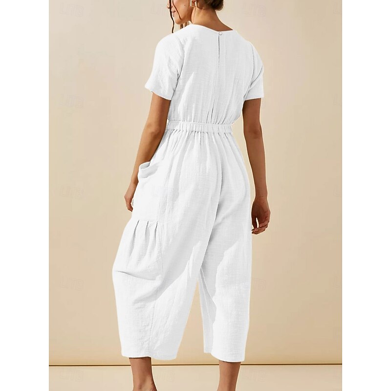 Women's Normal Jumpsuit Active Solid Color Short Sleeve Round Neck Pocket Vacation Daily Regular Fit White Green Khaki Summer4