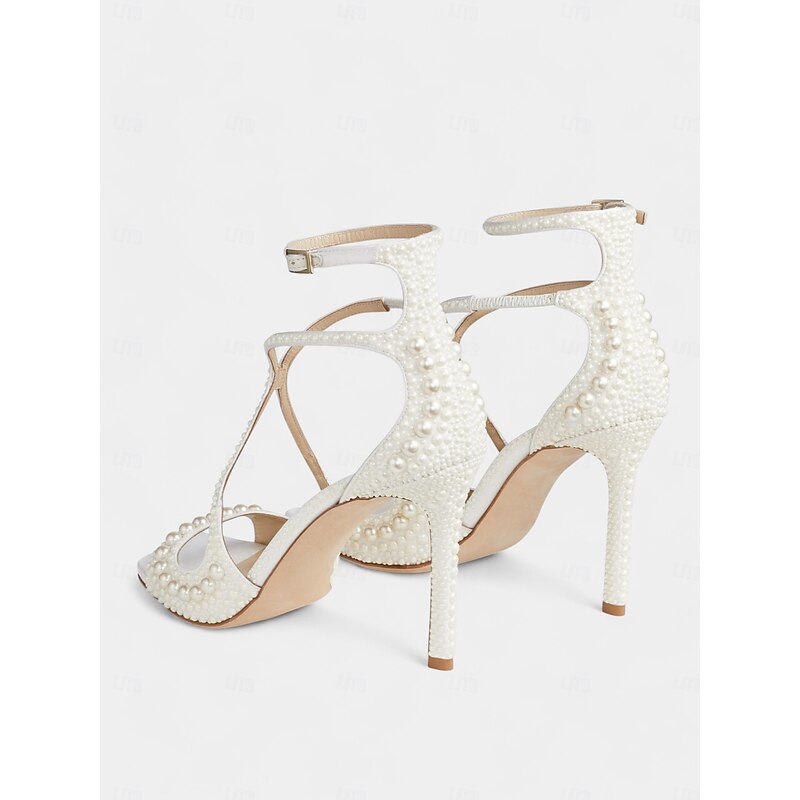 White Pearl-Embellished Open-Toe Stiletto Sandals with Ankle Strap for Women - Elegant Bridal and Wedding Dance Shoes4