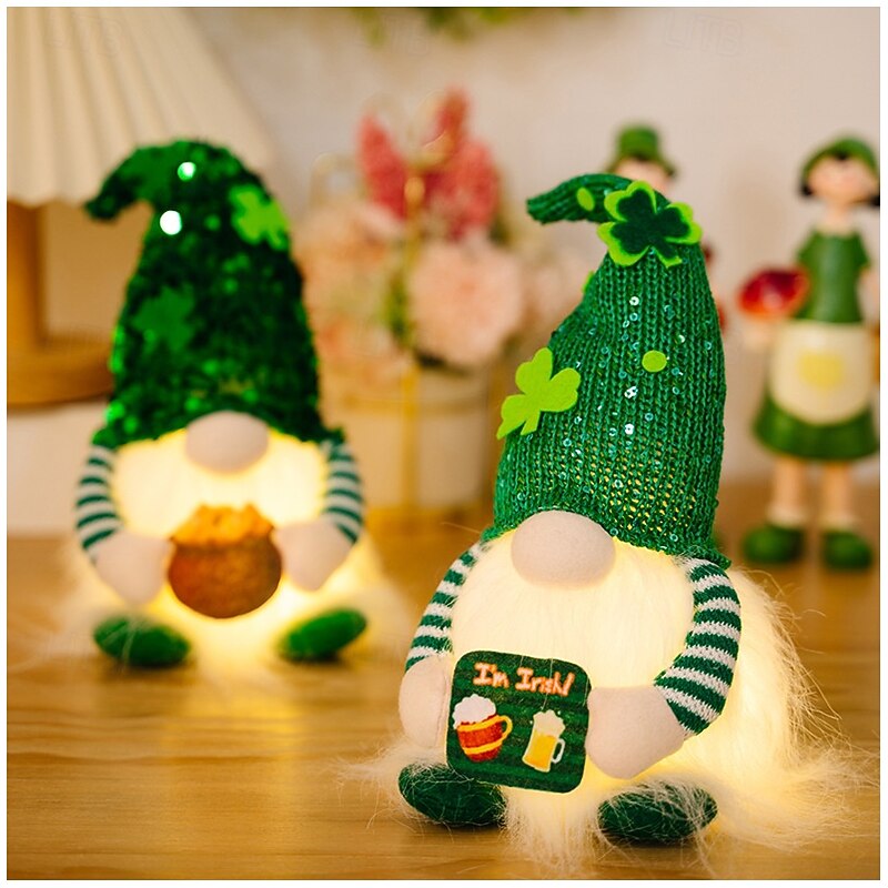 St. Patrick's Day Sequined Hat with Light Rudolf Doll - St. Patrick's Clover Gnome for Indoor Restaurant Dining Table Festive Atmosphere Decoration 1pc2