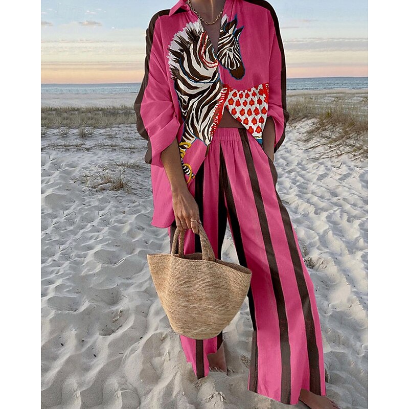 Women's Fashion Streetwear Shirt Cotton Linen Sets Two Piece Sets Linen Pants Pants Trousers Long Sleeve Shirt Collar Color Block Patchwork Daily Wear Date Pink Dark Pink Blue Spring Regular Fit4