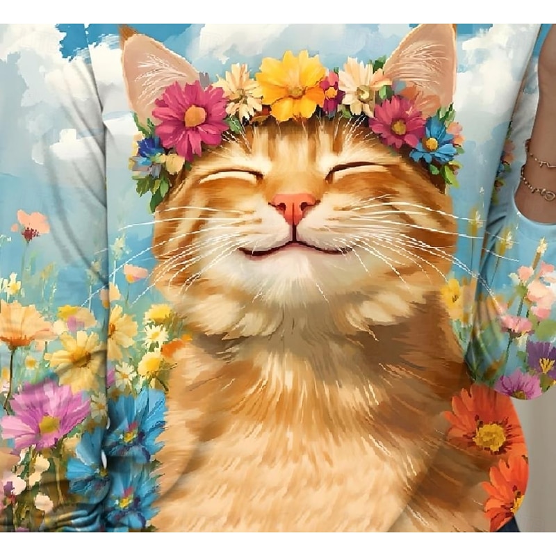 Women's T shirt Crew Neck Long Sleeve Tunic Floral Cat Casual  Regular Tops Daily Print Blue Spring Fall2