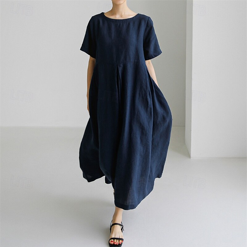 Women's Long Dress Maxi Dress Linen-Inspired Dresses Casual Dress Cotton Linen Dress Stylish Casual Vacation Daily Date Regular Fit Plain Short Sleeve Crew Neck Navy Blue Dark Green Apricot Summer
