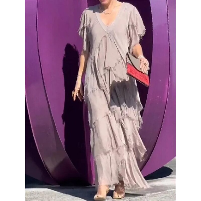 Women's Maxi Dress Casual Dress Elegant Stylish Casual Vacation Party Daily Regular Fit Plain Short Sleeve V Neck Black Green Gray Summer Spring Fall