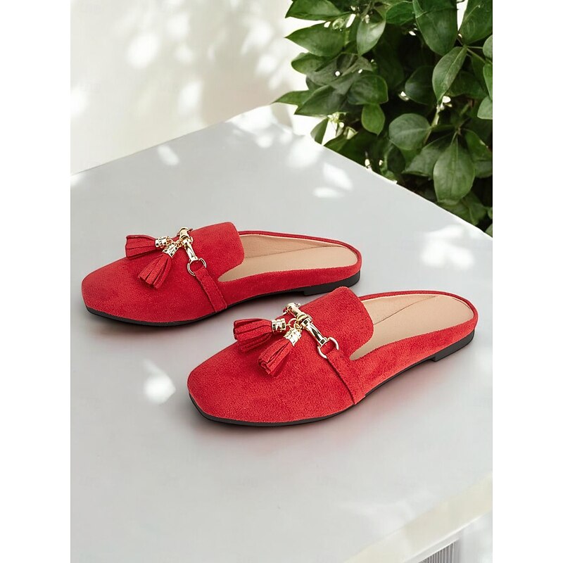 Women's Red Faux Suede Elegant Tassel Mules with Gold Chain Detail for Casual & Office Wear3
