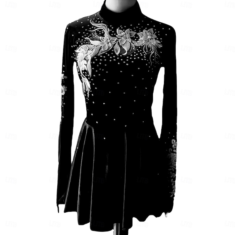 Figure Skating Dress Women's Girls' Ice Skating Dress Black Dark Green Thumbhole Halo Dyeing Mesh Spandex Stretchy Training Practice Professional Skating Wear Thermal Warm Classic Crystal / Rhinestone3