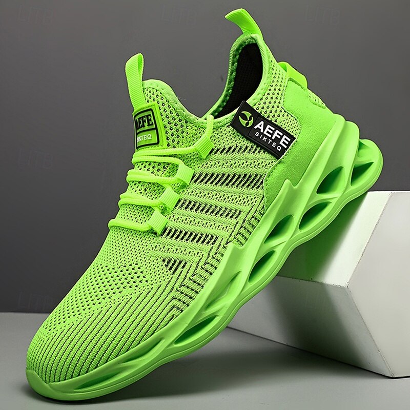 Men's Neon Green Sports Sneakers - Breathable Mesh Lightweight Running Shoes with Cushioned Sole for Gym, Training and Outdoor Activities
