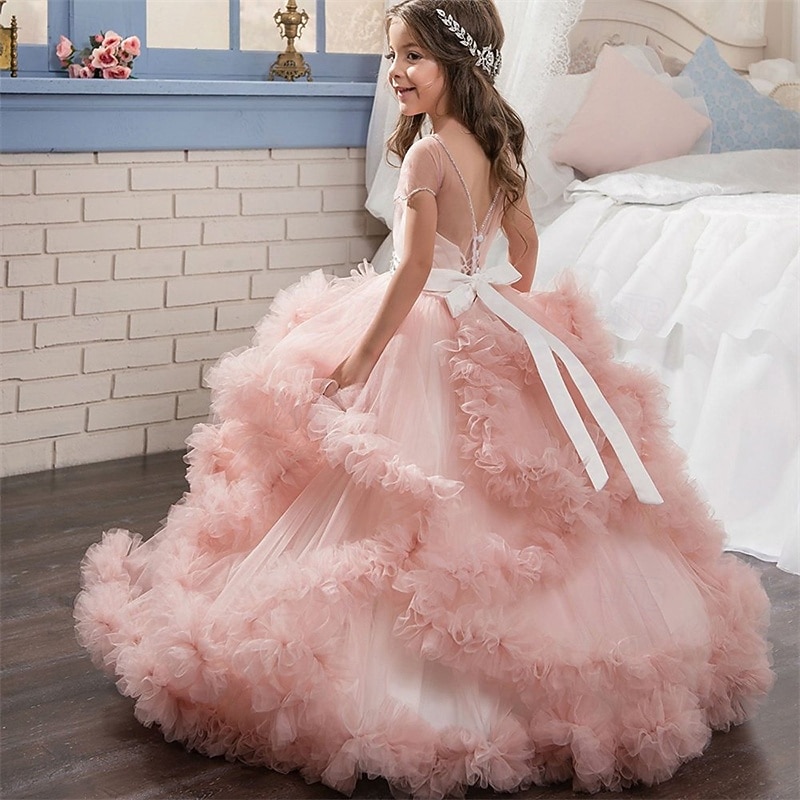 Flower Girl Dress Kid's Girls' Princess Dress Performance Wedding Party Elegant Beautiful Mesh Solid Color Sleeveless Off Shoulder White Pink 4 years+2
