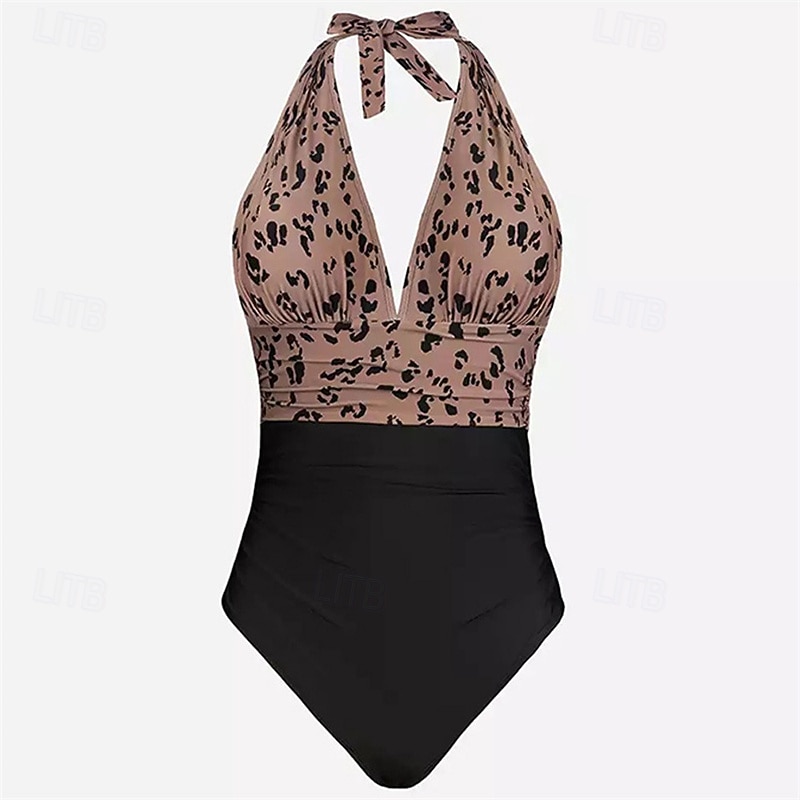 Women's One Piece Swimsuit Deep V Open Back Swimwear Leopard Print Swimwear Brown Breathable Quick Dry Lightweight Sleeveless - Swimming Surfing Beach Summer Spring